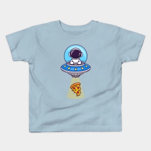 Cute Astronaut Catching Pizza With Ufo Cartoon Kids T-Shirt